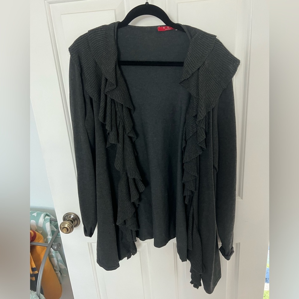 Black ruffle trim cardigan sweater